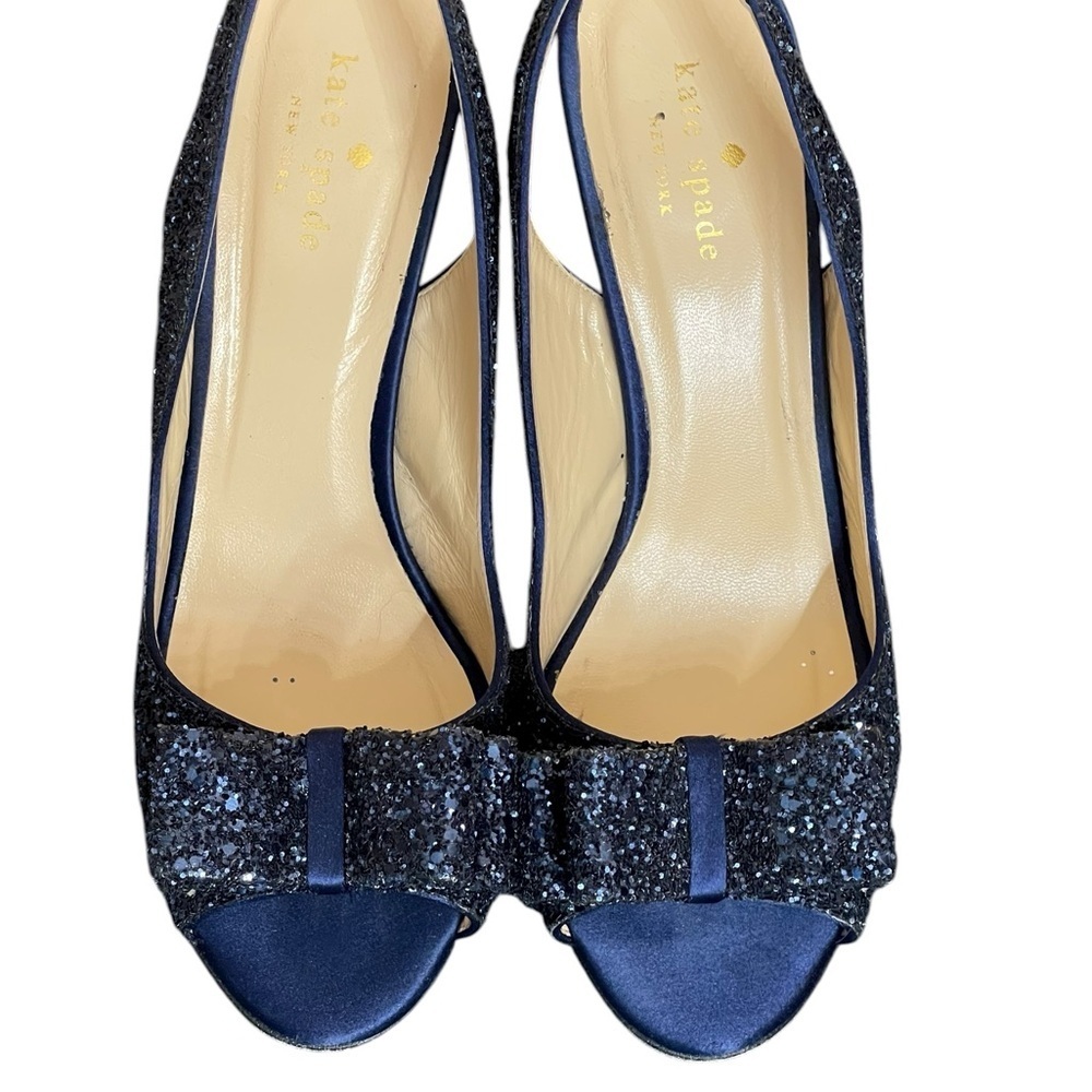 Kate Spade"Charm" Blue Glitter Slingback Bow Peep Toe Pumps
Heels Size 8.5B - Picture 7 of 14